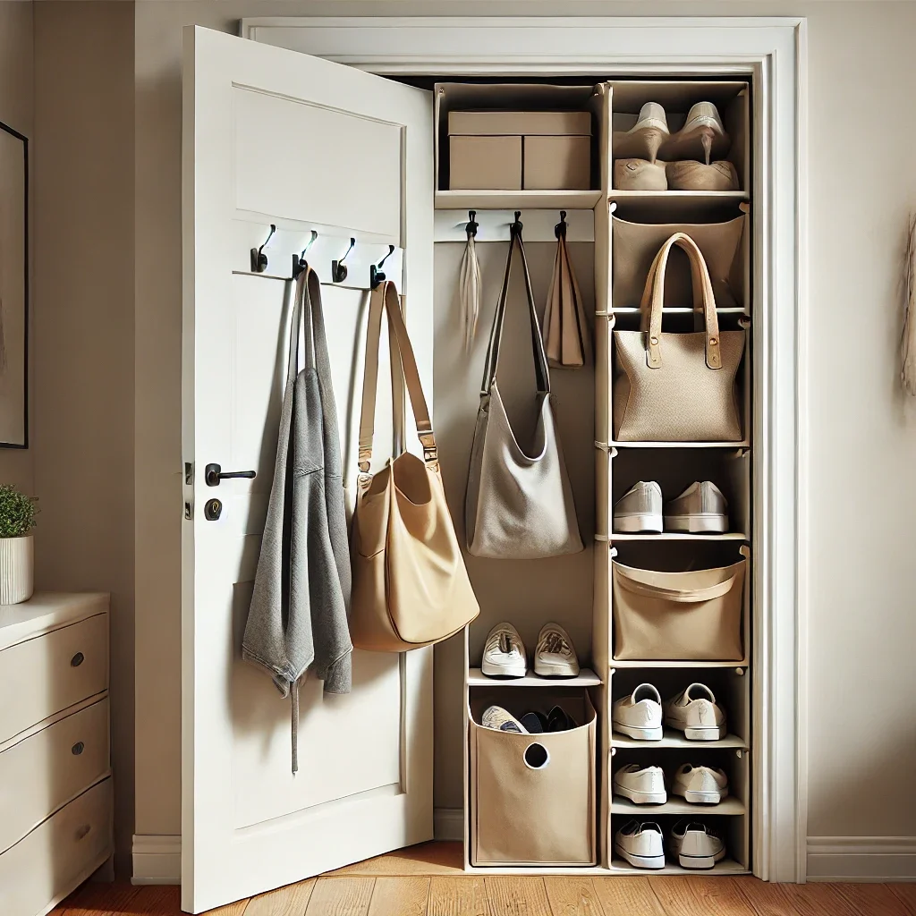 DALL·E 2024 09 11 16.47.48 A door with a behind the door storage organizer holding bags shoes and accessories. The door is part of a small entryway and the organizer maximiz